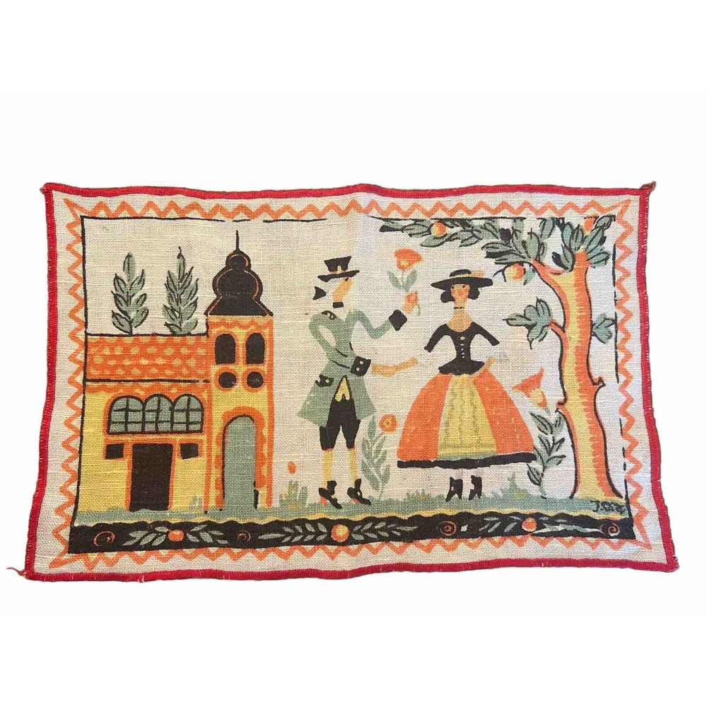 Vintage Tony Sarg Signed Linen Cocktail Napkin Couple Under Fruit Tree 8.5x 13.5